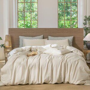 MooMee Gingham Duvet Cover Set 100% Washed Cotton Linen